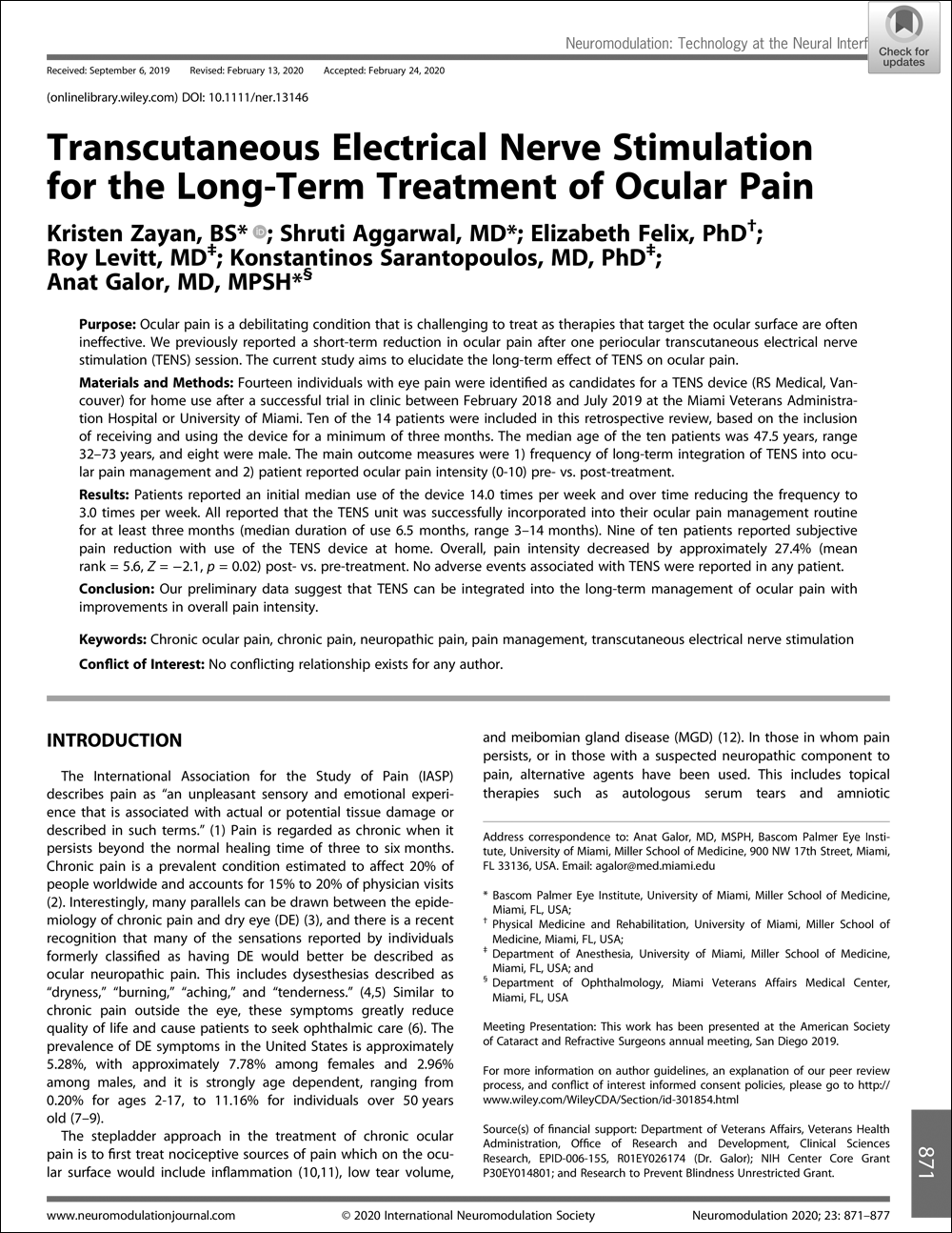 Transcutaneous Electrical Nerve Stimulation for the Long-Term Treatment of Ocular Pain